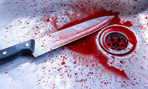 An Image of knife with blood in a sink