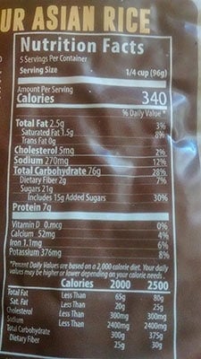 Nutrition Facts Label of Sweet and Sour Asian Rice
