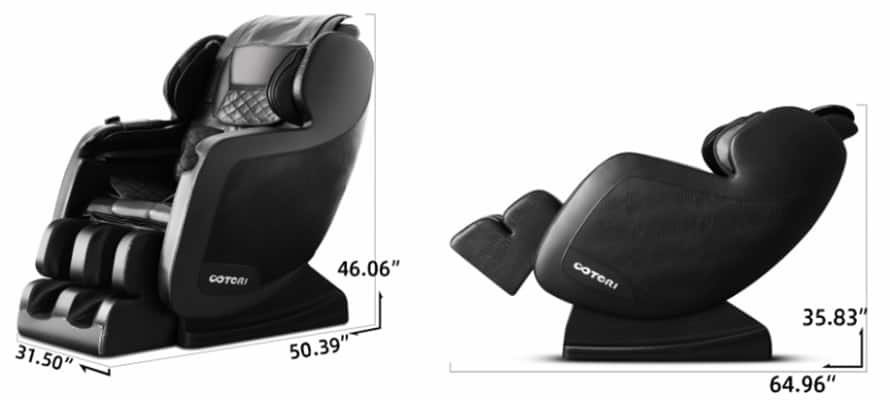 Nova N802 massage chair dimensions in standard and reclined positions