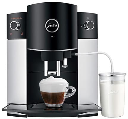 Jura Coffee Maker D6 Aroma with Milk frothing system attached and a cup of cappuccino