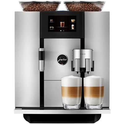 The Jura Giga 6 with full bean hopper and 2 coffee-filled glasses below its spouts