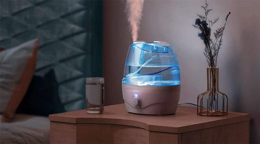 A Homasy humidifier in the middle of a glass of water and vase with plants on a bedside table.