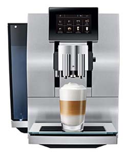 The Jura Z8 with a coffee-filled glass below its 2 spouts