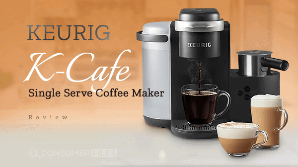 The Keurig K Cafe coffee maker with coffee dripping from its spout to a glass and two glasses filled with specialty coffee
