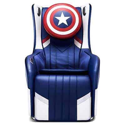 Hug Chair 2.0 with blue and white PU upholstery and Captain America shield on the headrest