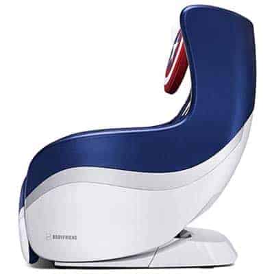 Bodyfriend Hug Chair 2.0 with white base, blue and white exterior, and Captain America shield on the headrest