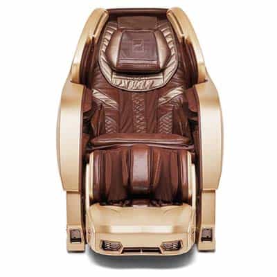 Bodyfriend Pharaoh S II Massage Chair with dark brown genuine leather upholstery & gold hard shell exterior