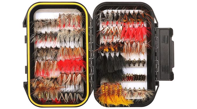 FISHINGSIR Fly Fishing Flies Kit in a waterproof box and includes handmade wet and dry flies, streamers, nymphs, and emergers