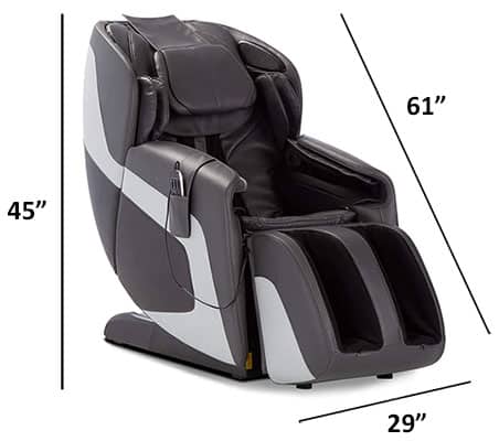 Human Touch Sana Massage Chair with dark gray PU upholstery and the chair's dimensions when sitting upright