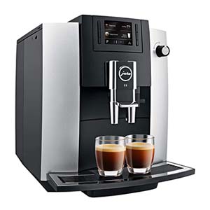 Jura E6 Platinum Automatic Coffee Machine Side View With 2 glasses