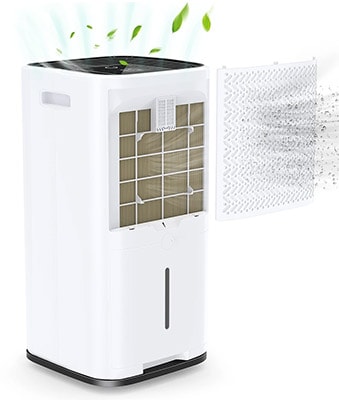 Kesnos Dehumidifier with white exterior and an illustration of how its washable filter works