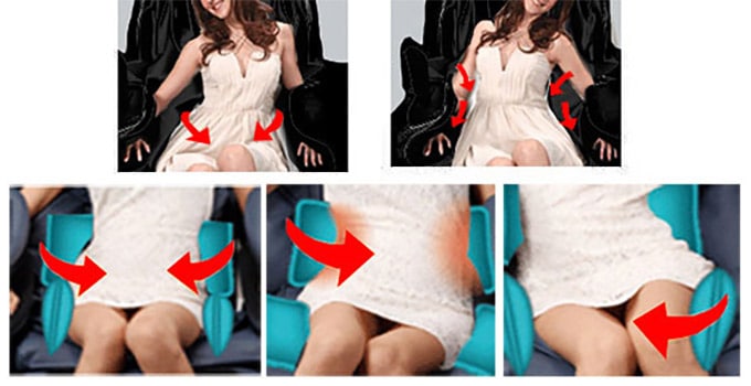 A long-haired woman wearing a white dress and sitting on the chair with the airbags massaging & twisting her hips and waist