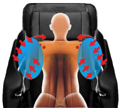 Illustration of a man sitting on the Medical Breakthrough 8 with blue circles on his shoulders and upper arms and red arrows