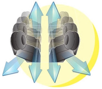 An illustration of the massage rollers with blue arrows pointing up, down, and to the sides