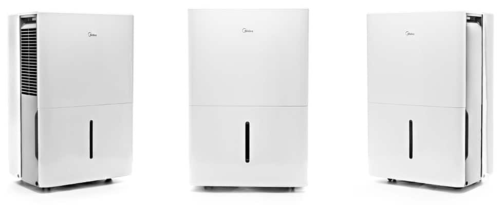 Midea Easydry 50 Pint Dehumidifier with white and gray exterior and minimalist overall look