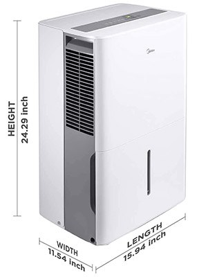 Midea EasyDry 50 Pint Dehumidifier in white and gray with the product's dimensions