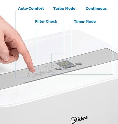 Midea Easydry 50 Pint Dehumidifier's soft buttons at the top of the machine with its basic functions