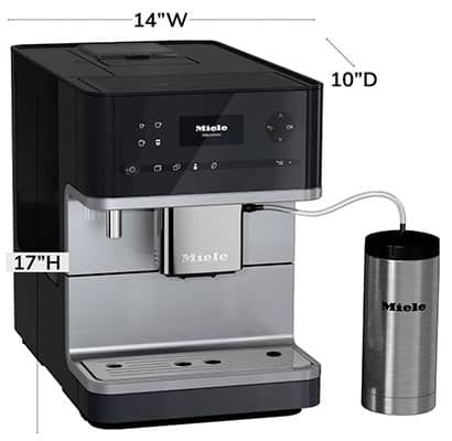 Miele CM6350 Coffee Machine in black and chrome with milk container and the machine's dimensions