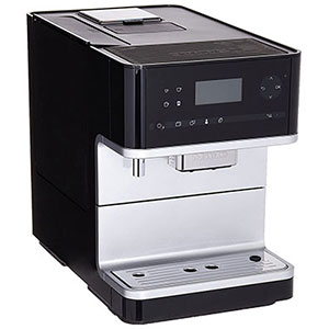 Miele CM6350 coffee machine with black exterior, small text display, and easy-to-use controls