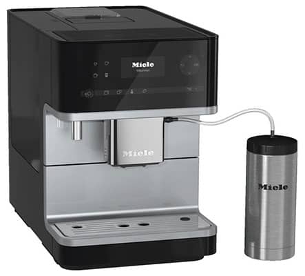 Miele 6350 Superautomatic Espresso Machine in black and chrome and its aluminum milk container
