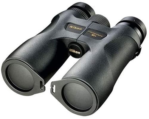 Nikon Prostaff 7s 8x42 with black rubber armored body, brand name in gold, and lens covers