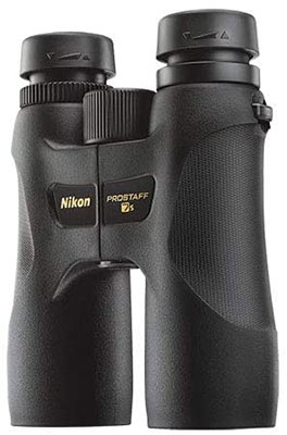 Nikon Prostaff 7s 8x42 with black rubber armored body, central focus knob, rubber eyecups, and brand name in gold