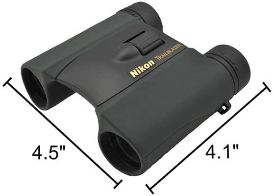 Nikon Trailblazer 8x25 with black rubber armored body, brand name and model in gold, and the binoculars' dimensions
