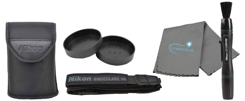 Nikon Trailblazer's accessories include a carry case, lens covers, neck strap, lens pen, and a gray cleaning cloth