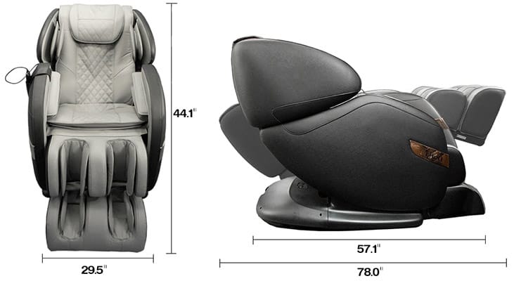 OS Champ Massage Chair black and gray variant and its dimensions when sitting upright and when reclining