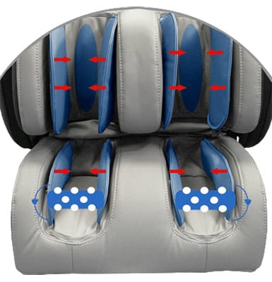 OS Champ Massage Chair black and gray variant's leg ports with airbags for the calves and feet and foot rollers