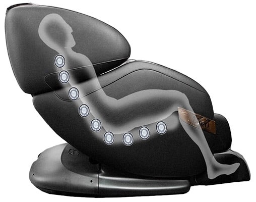 Illustration of a man sitting on the OS Champ Massage Chair and the L-track that starts at the neck and ends under the thighs