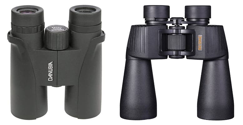A compact Danuba roof prism binoculars  with rubber armor and a larger SCOKC Porro prism binoculars with anti-slip grip