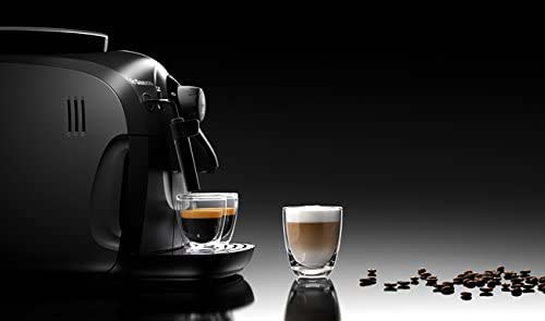 Saeco Xsmall Vapore Automatic Espresso Machine Black Color Cup of Coffee and beans