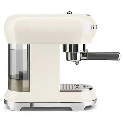 Smeg 50s Retro Style Espresso Coffee Machine in cream with a transparent water tank at the back