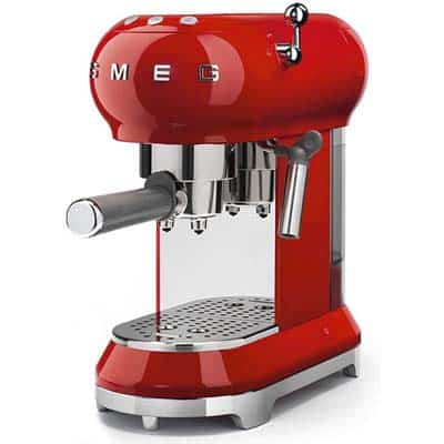 Smeg 50s Retro Style Espresso Coffee Machine with red and chrome exterior