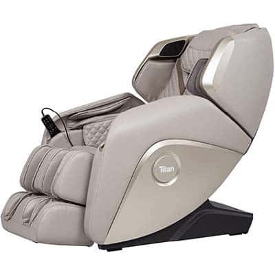 Titan Elite 3D Massage Chair with taupe PU upholstery and exterior, black base, and a remote holder on one side