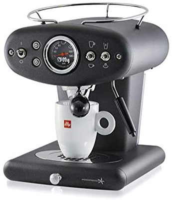 Illy iperEspresso X1 with matte black stainless steel exterior and a white ceramic 