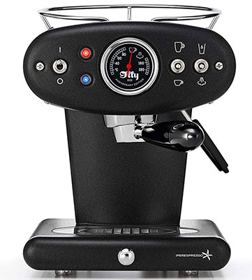X1 iperEspresso coffee machine with matte black stainless steel exterior, temperature gauge, portafilter, and steam wand