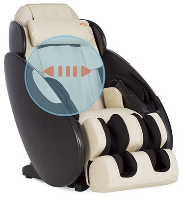 iJoy Total Massage Chair cream variant and a blue circle with orange arrows on the seatback 