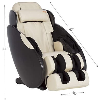 iJoy Total Massage Chair with cream SofHyde upholstery and black exterior and the chair's dimensions when upright