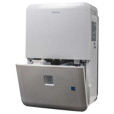 Danby 50 Pint Dehumidifier with white exterior and an open water bucket on the bottom half