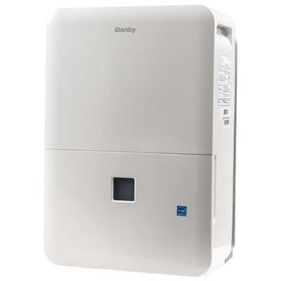 Danby 50 Pint Dehumidifier with white exterior, brand name in front, and a removable bucket at the bottom