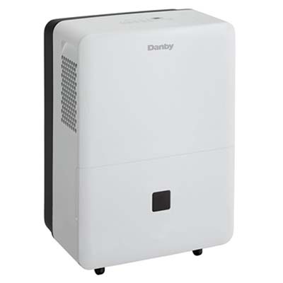 Danby 50 Pint Dehumidifier with white exterior, black caster wheels, controls on top, and grille on the side of the unit