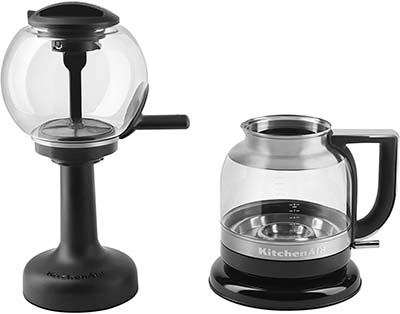 KitchenAid Siphon Coffee Maker separated into the brew unit with stand and carafe with base