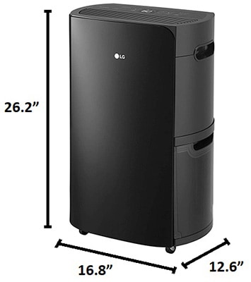 LG Puricare 50 Pint Dehumidifier in black and the unit's dimensions
