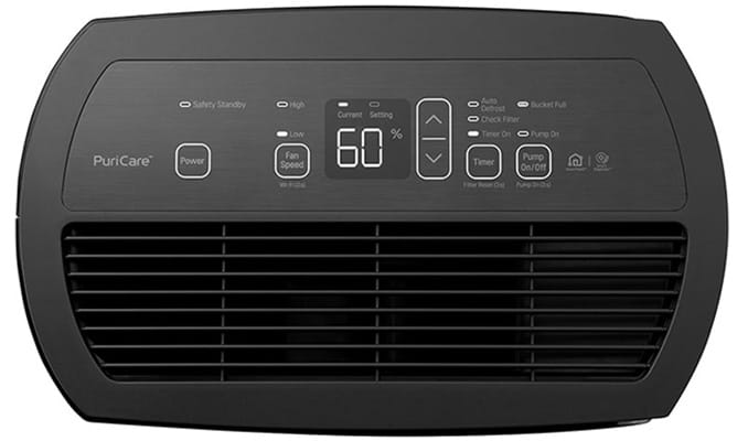 LG Puricare Dehumidifier control panel with soft buttons and a small display