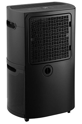 LG 50 Pint Dehumidifier with an all-black exterior, square grille, and display on top