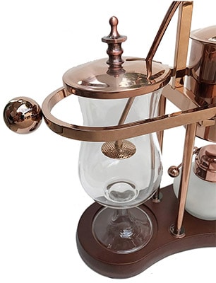 Nispira Syphon Coffee Maker in bronze with a wood base, counterweight, and a transparent brewing flask