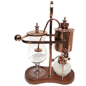 Nispira Belgian Balance Syphon Coffee Maker in copper and with polished wood base
