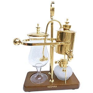 Nispira Belgian Balance Syphon Coffee Maker in gold and with polished wood base 